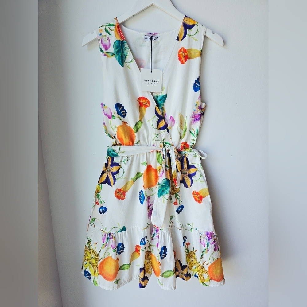 BLUE NAVY ITALY Floral Sleeveless V NECK WRAP Dress Belt Cotton Size M - Picture 2 of 9